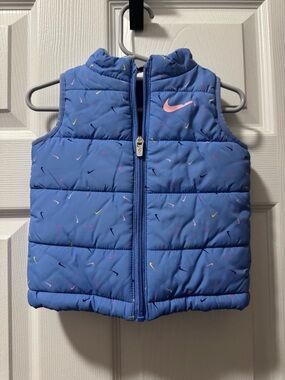 Nike Kids Blue Puffer Vest with Pink Swoosh and Multicolor Accents